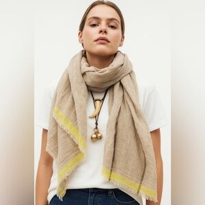 Zara 100% Linen Scarf – Sand Beige w/ Yellow Detail – 70” x 36”